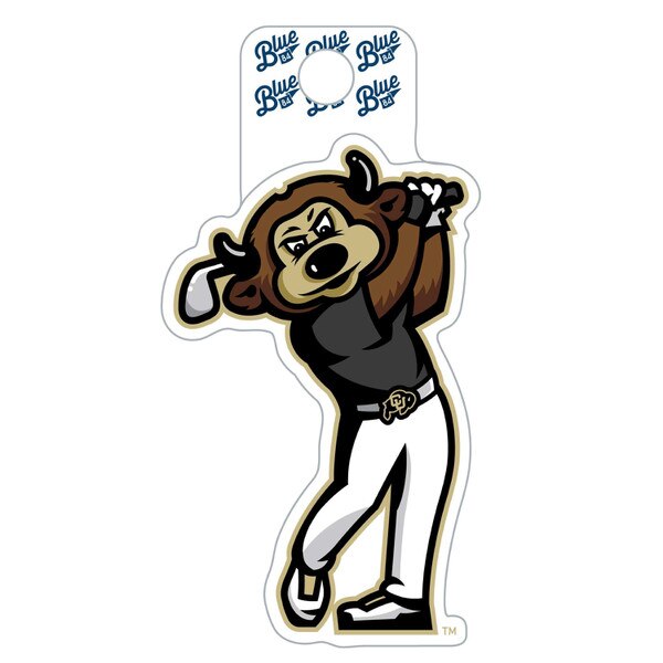 This Chip mascot is dressed in golf attire. His pants and shoes are white and his shirt is black. He is swinging a golf club over his head. His belt buckle is a CU Buffalo logo.